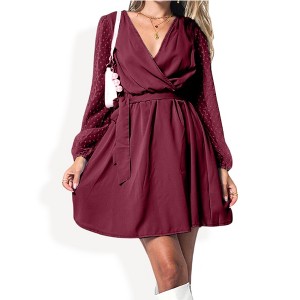 Anna-Kaci Women's V-Neck Long Sleeve Mini Dress with Sheer Dotted Sleeves and Waist Tie Detail - 1 of 4