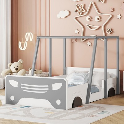 Twin Bed Frame, Car-Shaped Design with Roof, Wheels and Safe Guardrails, Fun Playhouse Wooden Platform Bed, Kids Bedroom Furniture