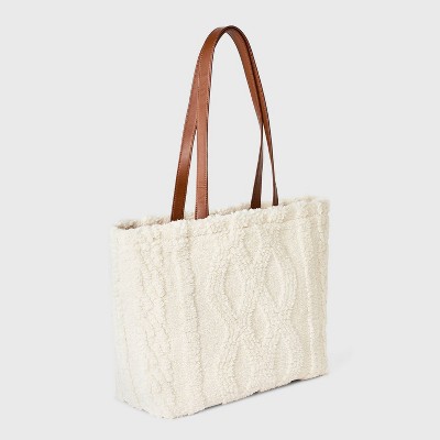 Cozy Alpine Cable Knit Faux Shearling Reversible Tote Handbag - Universal Thread Cream - image 3