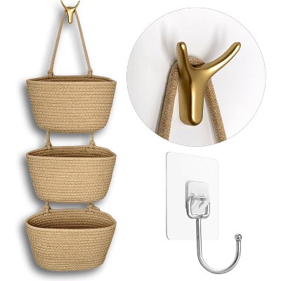 3-Tier Decorative Cotton Rope Hanging Basket, Wall-Mounted Woven Storage Organizer Bag