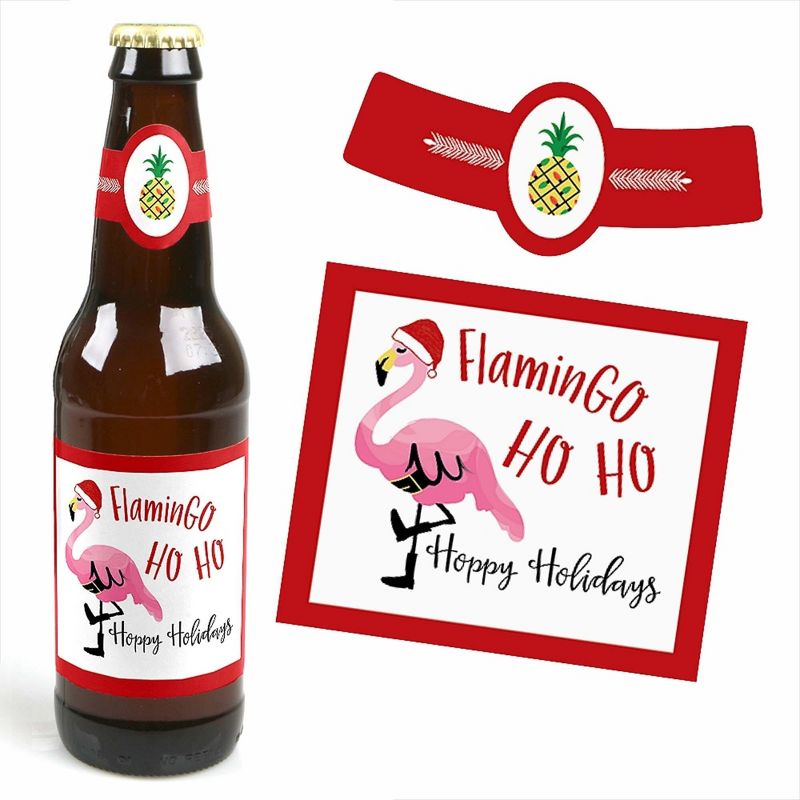 Big Dot of Happiness Flamingle Bells - Tropical Flamingo Christmas Party Decorations for Women and Men - 6 Beer Bottle Label Stickers and 1 Carrier, 3 of 6