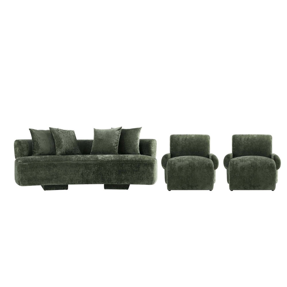 Manhattan Comfort 3pc Verandah Chenille Upholstered 90.6" Sofa and 2 Accent Chairs Olive Green