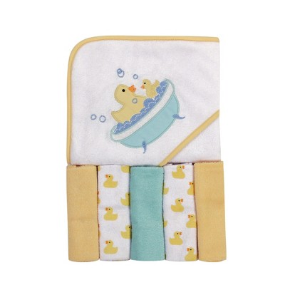 Luvable Friends Baby Unisex Hooded Towel with Five Washcloths, Bathtime Duck, One Size