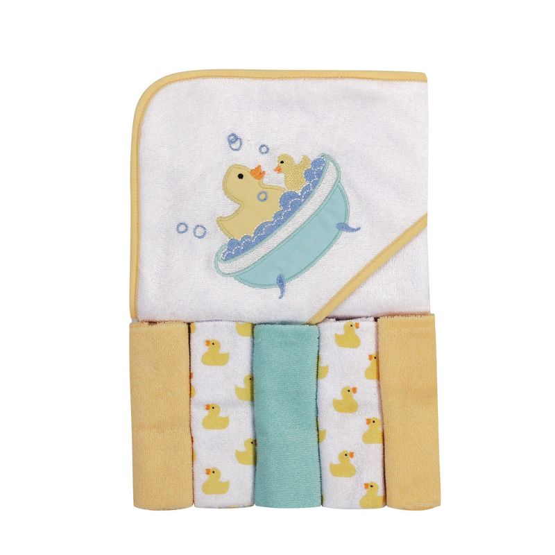 Luvable Friends Baby Unisex Hooded Towel with Five Washcloths, Bathtime Duck, One Size, 1 of 3