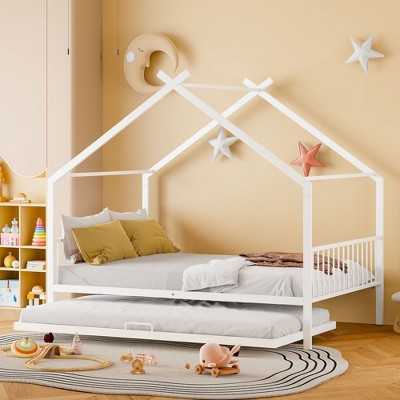 CAVINAS Full-Size Bed Frame with Storage, Full Size Bed Frame Kids, House-Shaped Metal Platform with Twin Size Trundle