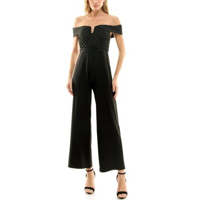 EG PRO Women Off Shoulder Ruched Front Zipper Back Solid Scuba Jumpsuit
