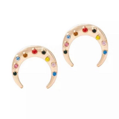 Hollywood Sensation Crescent Moon Stud Earrings with Rainbow Cubic Zirconia Stones .625 Inches Gold