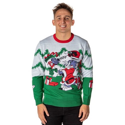 Tom And Jerry Men s Surprise Christmas Present Ugly Sweater Knit Pullover LG White