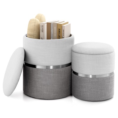 Tangkula Home 2Pcs Upholstered Nesting Stool with Storage Entry Shoe Changing Footrest Stool Golden/Grey