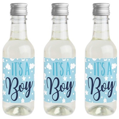 Big Dot of Happiness It's a Boy - Mini Wine and Champagne Bottle Label Stickers - Blue Baby Shower Favor Gift for Women and Men - Set of 16