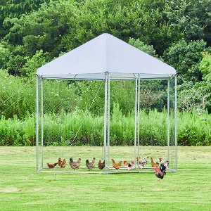 Large metal chicken coop hexagonal, steel wire dipped plastic mesh, oxford cloth silver plated waterproof and UV resistant - 1 of 4