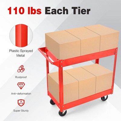 Red Metal 2-Tier Utility Cart with Wheels and Handle