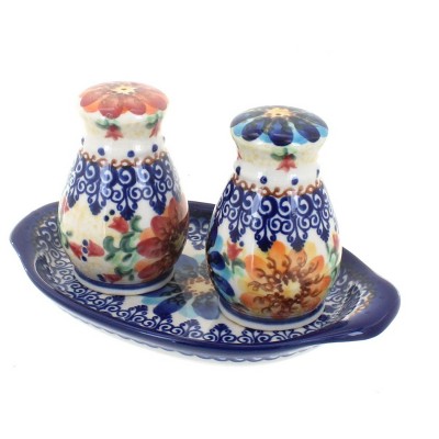 Blue Rose Polish Pottery 42 Vena Salt & Pepper Shakers with Tray
