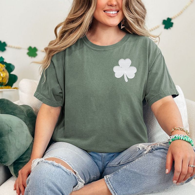 Simply Sage Market Women's Embroidered Clover St. Patrick's Day Short Sleeve Garment Dyed Tee, 3 of 5