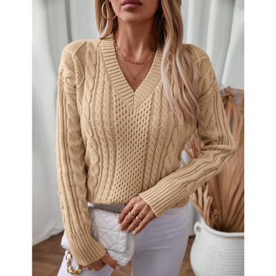 Womens Vintage Pullover V Neck Long Sleeve Cable Knit Sweaters Fall Winter Casual Oversized Chunky Jumper Tops Khaki Medium