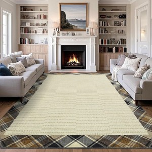 Bordered Area Rug, Machine Washable Low Pile Non-Slip Carpet, Plaid Farmhouse Indoor Rug for Living Room, Bedroom, or Nursery - 1 of 4