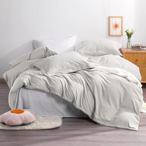 Acoinel Solid Color Microfiber Duvet Cover Set, Luxuriously Soft & Durable Bedding in Light Grey