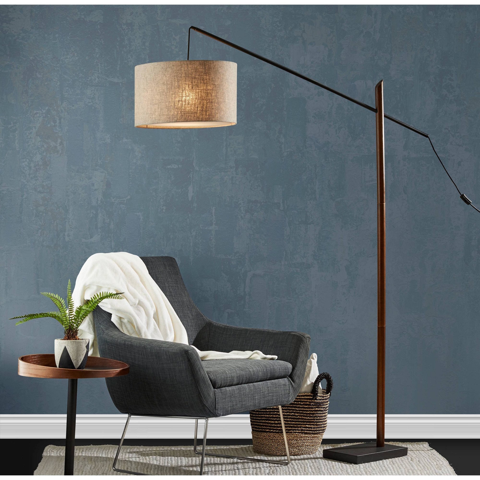 Ethan Arc Lamp Black/Walnut - Adesso: Modern Arched Design, Polyester Shade, ETL Listed