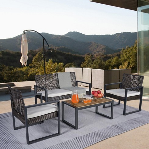 4-piece Patio Furniture Set With Acacia Wood Coffee Table, All-weather 