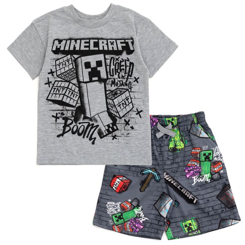 Minecraft Creeper Skeleton Zombie Enderman Graphic T-Shirt and Mesh Shorts Outfit Set Little Kid to Big Kid, 1 of 6