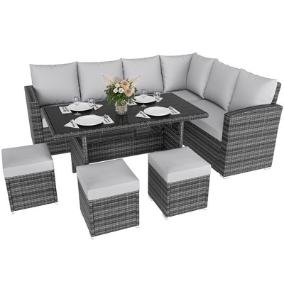 7-Pieces Outdoor Patio Furniture Set, Outdoor All-Weather Rattan Sectional Sofa with Glass Table Chairs, Patio Deals for Garden  Balcony Lounge gery