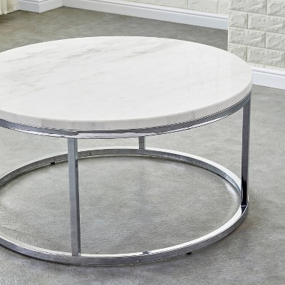 Echo Round White Marble and Chrome Metal Cocktail Table, 36"