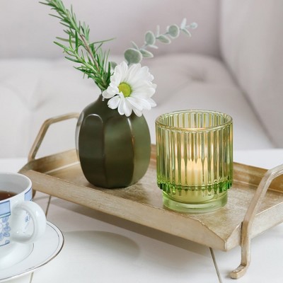 Set of 6 Green Ribbed Glass Votive Candle Holders