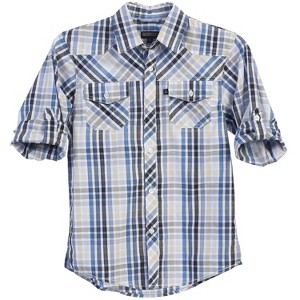 Gioberti Boy's Long Sleeve Roll Up Blue Plaid Checked Shirt, Size 3T - 1 of 3