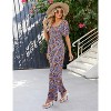 Women's Summer Smocked Jumpsuits Casual Square Neck Short Sleeve High Waist Wide Leg Rompers with Pockets - 4 of 4