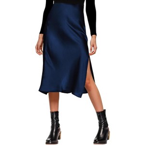 Women's Satin Midi Skirt - High Waist Slit Design with Comfortable Elastic Waistband Navy - 1 of 4