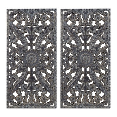LIVN CO. 2-Piece Distressed Botanical Carved Wood Wall Decor Set