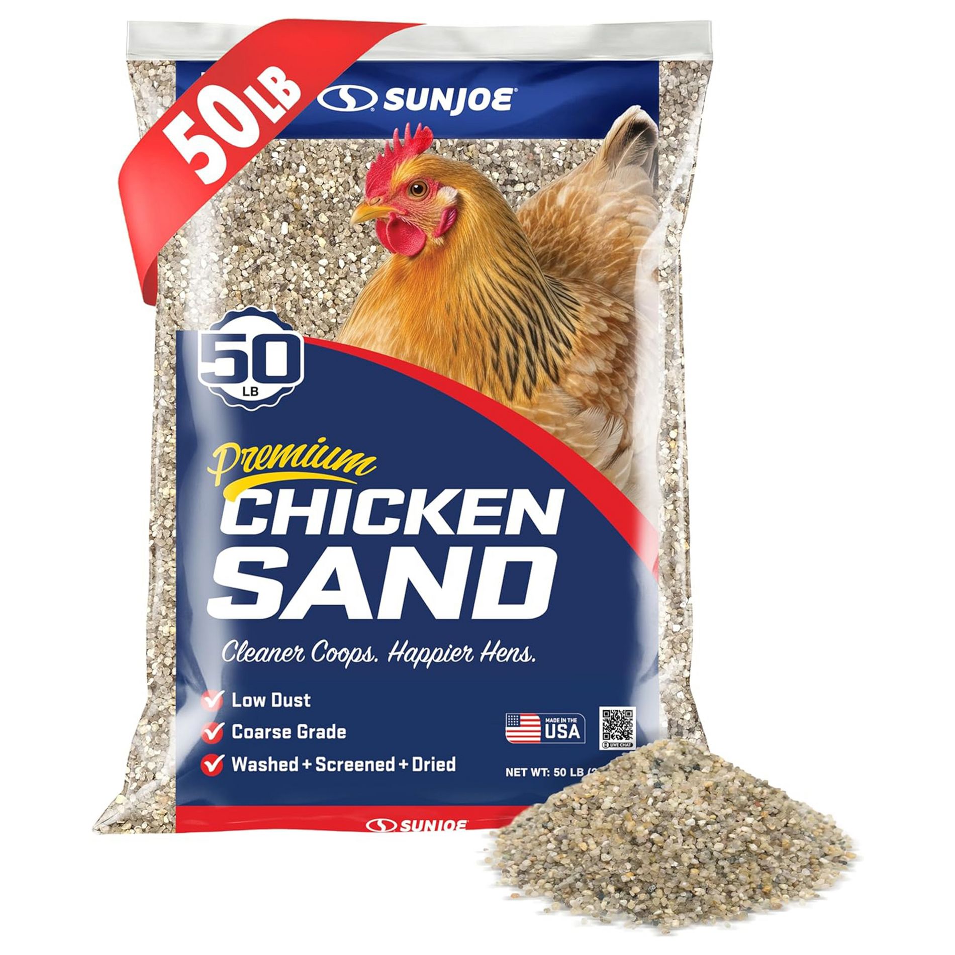 Premium Chicken Coop Sand, Coarse Grade, Washed, Screened and Dried, Fast-Draining, Non-Clumping, Natural Mineral Poultry Bedding, 50 lb Bag