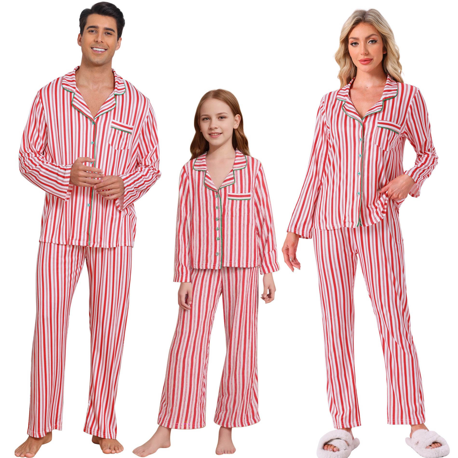 INSPIRE CHIC Family Christmas Matching Striped Pajama Sets Notch Collar Button Down Long Sleeve and Pants with Pocket