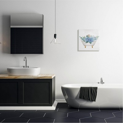 Off-White Canvas Wall Art with Blue Hydrangea Blossoms in Bathtub