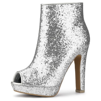 Allegra K Women's Glitter Platform Chunky Heeled Open Toe Ankle Boots