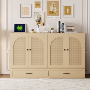 Foldable Queen Size Murphy Bed with Rattan Doors,Cabinet Bed with USB Port and Drawers for Small Spaces-The Pop Home - 1 of 4