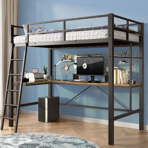 Okak Metal Loft Bed with L-Shaped Desk, No Box Spring Needed Design Twin Bed with Safety Guard and Ladder, Bed Frames for Living Room, Bedroom, Black - 1 of 4