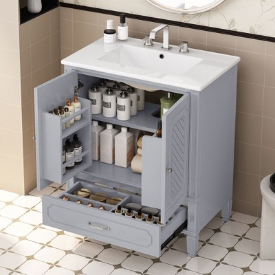 TIRAMISUBEST 30" Bathroom Vanity with Ceramic Sink, Freestanding Bathroom Vanity Cabinet with Door Shelf, 1 Soft-closing Door and 1 Drawer