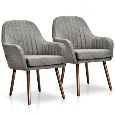 Costway Set of 2 Accent Chairs Fabric Upholstered Armchairs w/Wooden Legs Beige/Gray