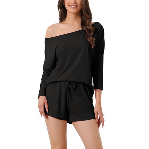 Cheibear Womens Casual Slant Shoulder Long Sleeve Top With Shorts