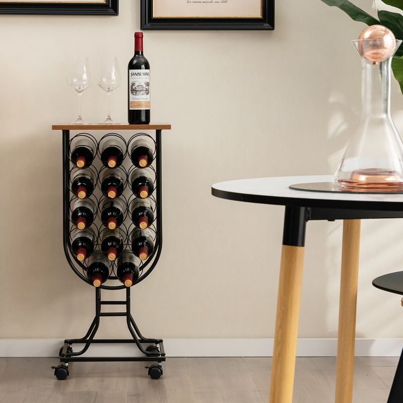 Costway 14 Bottles Wine Rack Console Table Freestanding Wine Storage with Woodtop & Wheels, 4 of 11