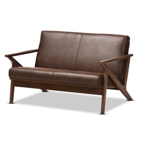 Bianca Mid Modern Walnut Wood Distressed Faux Leather 2 Seater Loveseat Dark Brown Baxton Studio