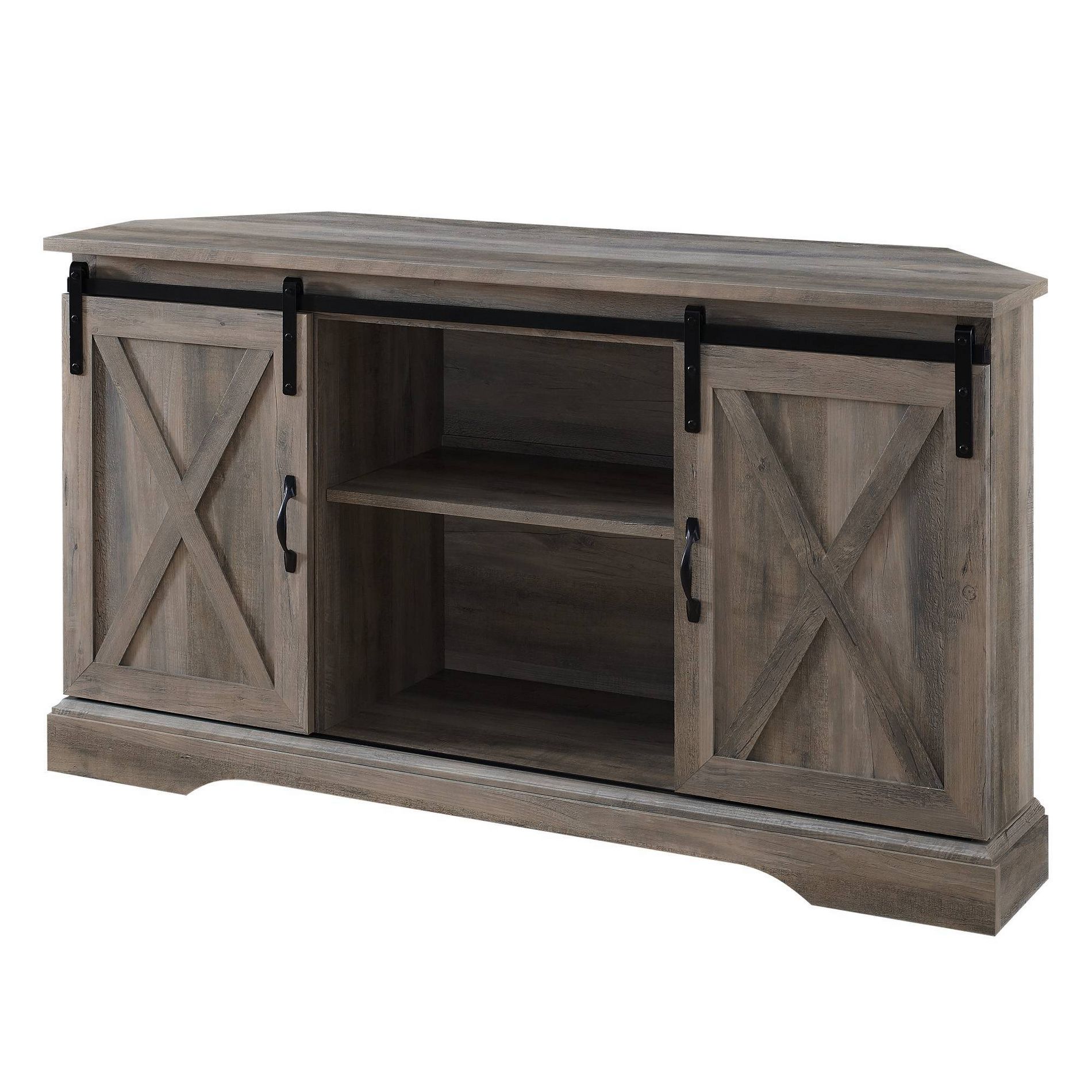 Robinson Rustic Transitional Sliding Barn Door Corner TV Stand for TVs up to 58" - Saracina Home