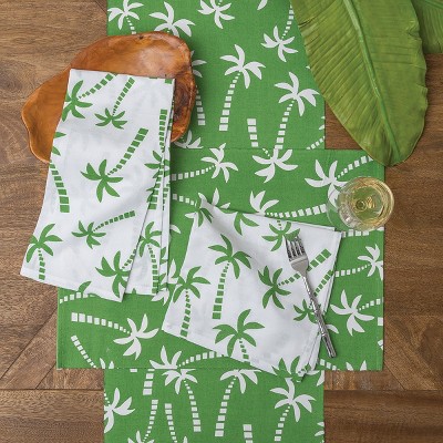 Green and White Cotton Palm Tree Table Runner, 13" x 72"