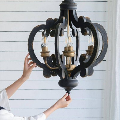Antique Black 6-Light Wrought Iron Chandelier with Glass Shades