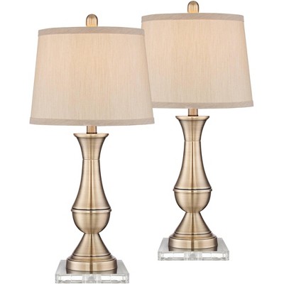 Square Risers Antique Brass Drum Shade, Curve Brushed Steel Table Lamps Set Of 2