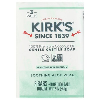 Kirk's Gentle Castile Soap - Soothing Aloe Vera 3 - 4 oz Bar.