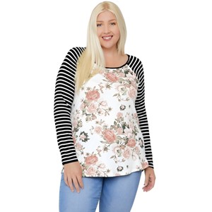 Slickblue Plus Size Floral Print Top, Raglan Striped Sleeve T-Shirt, Round Neck, Casual Style, Color and Size Options - 1 of 4