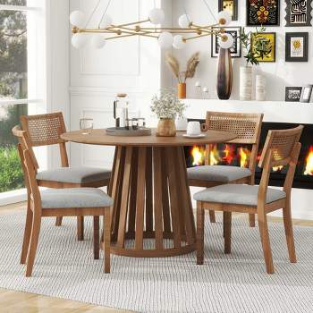 5-Piece Retro Dining Set with 1 Round Dining Table and 4 Upholstered Chairs with Rattan Backrests for Dining Room and Kitchen 4A - ModernLuxe
