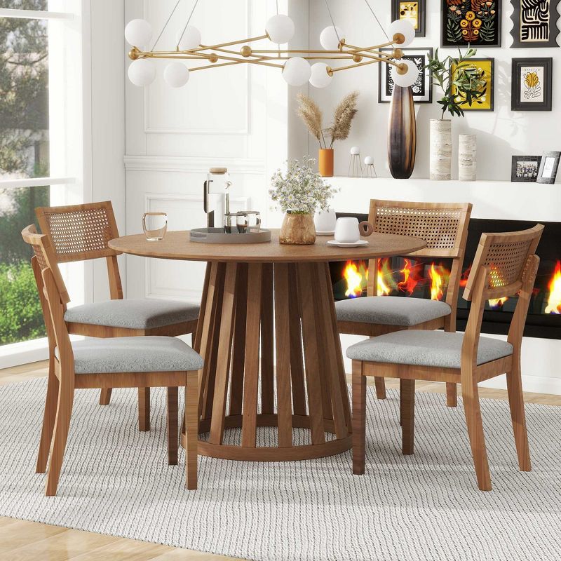 5-Piece Retro Dining Set with 1 Round Dining Table and 4 Upholstered Chairs with Rattan Backrests for Dining Room and Kitchen 4A - ModernLuxe, 1 of 14